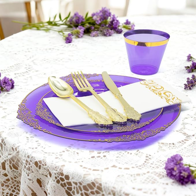 AIRE Purple Gold Plastic Plates Set, leakproof non-bending, heavy-duty - Image 6