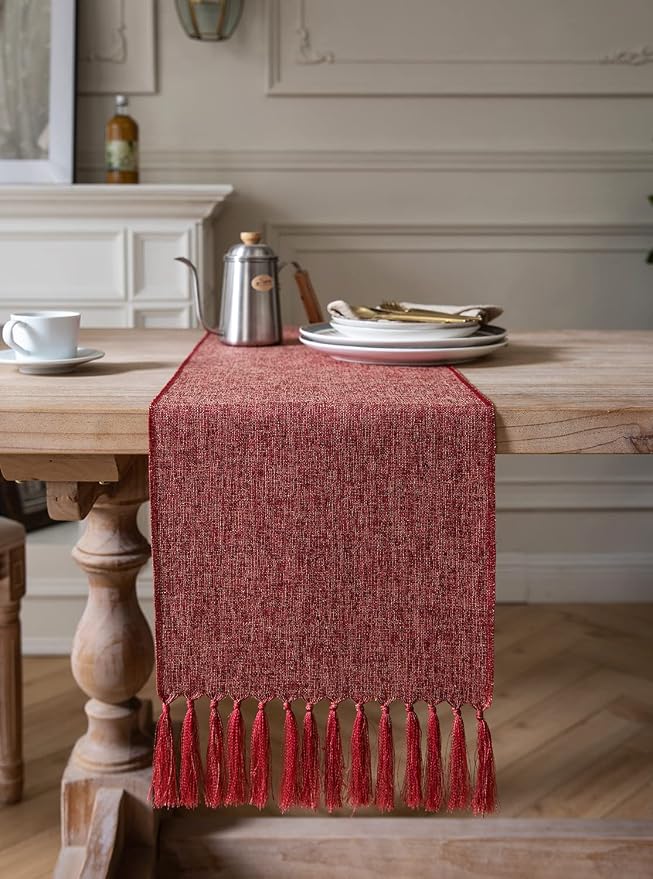 Red Table Runners 60 Inches Long, Burlap Linen Style Rustic Farmhouse Table - Image 2