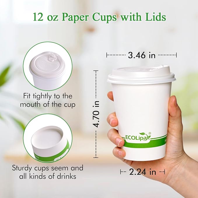 ECOLipak 100 Count 12 oz Compostable Paper Coffee Cups - Image 4