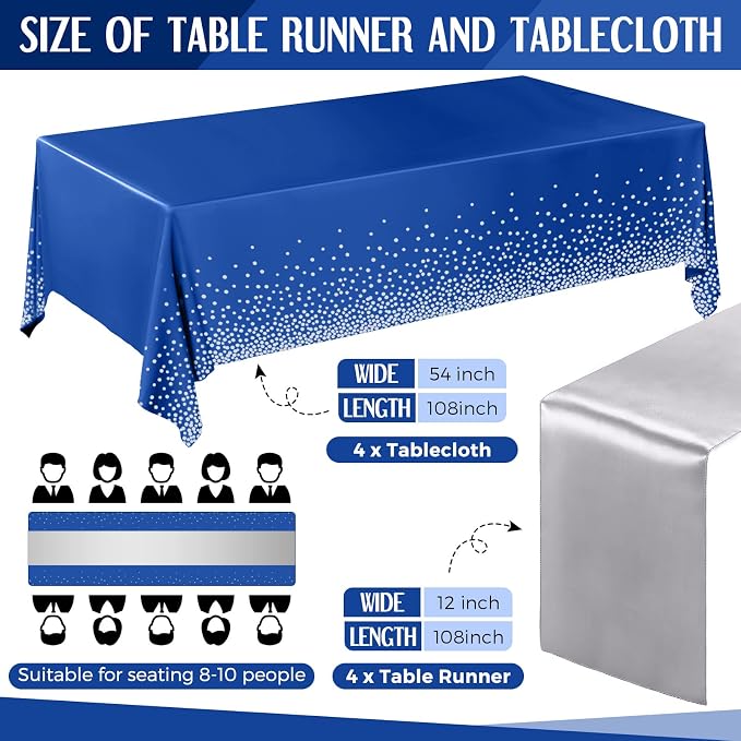 8 Pack Navy Blue and Silver Disposable Plastic Tablecloths and Satin Table - Image 2