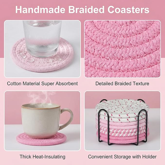 Drink Coasters Set of 8 with Holder, Cotton Woven - Image 5