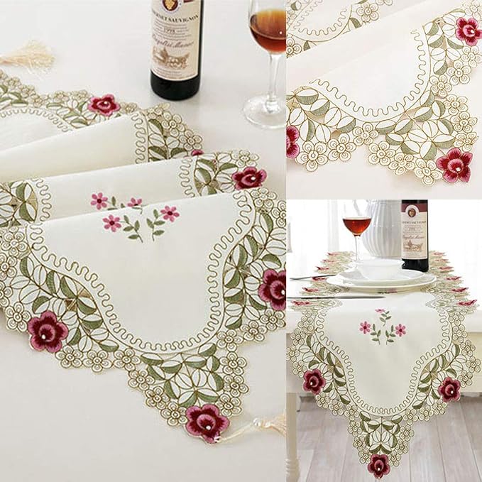 LeLehome 15 Inch X 96 Inch Table Runner, Classic Flowers Embroidered Lace Beige - Image 2