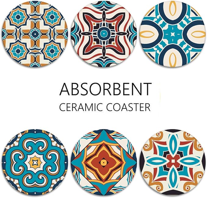 Coasters for Drinks, Ceramic Stone Moroccan Spanish | Ornate Absorbent Round - Image 6