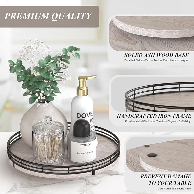 AMH 10-Inch Rustic Whitewashed Oak Lazy Susan Vanity Tray | Smooth rotating oak - Image 5