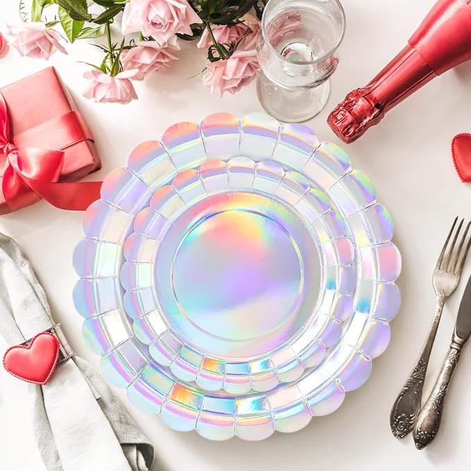 50 Pcs Iridescent Scalloped Paper Plates 25 × 7'' and 25 × 9'' Disposable - Image 2