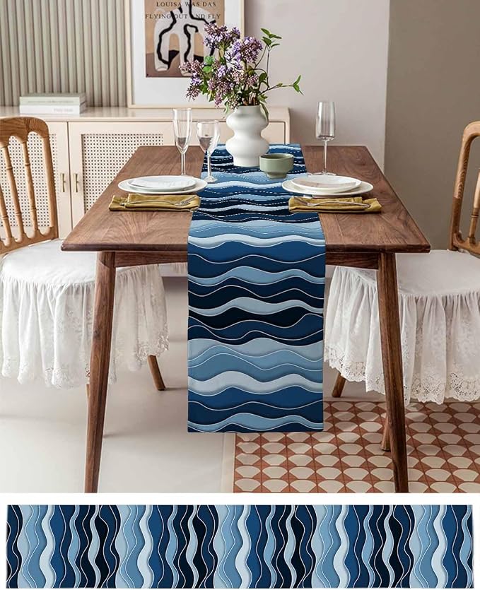 Abstract Blue Moire Short Table Runners 36 Inches, Cotton Linen Fabric Table - Image 6