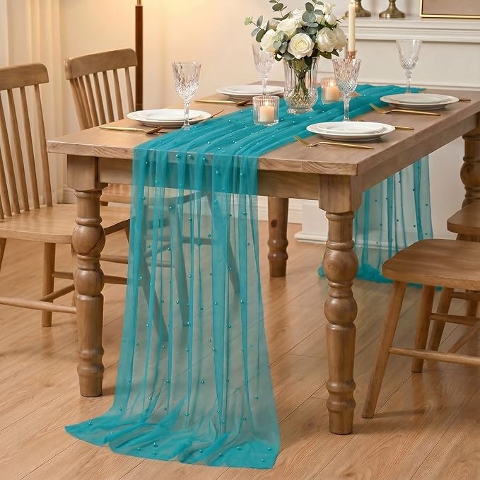 Artoid Mode Pearl Teal Gauze Table Runner 120 Inch 10FT, Seasonal Sheer Dining - Image 8