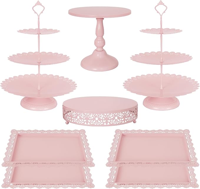 Fivenl 8 Pcs Cake Stand Pink Metal Dessert Table Display Set, 3-Tier Cupcake by Fivenl
