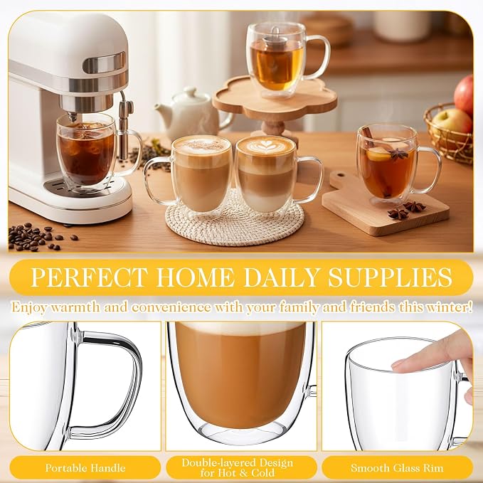Patelai 8 Pcs 16oz Clear Glass Coffee Mugs Double Walled Coffee Cups Glasses - Image 3