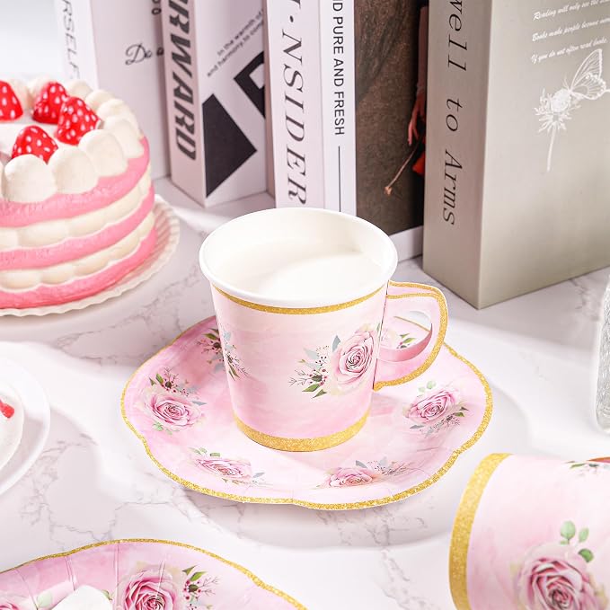 100 Pcs Paper Tea Cups and Plates Pink Floral Disposable Paper Teacups and - Image 4