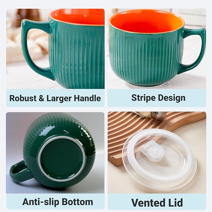 Ceramic Soup Bowl with Handle & Lid, 32oz Microwave Ramen Bowl Set of 2 | Green - Image 4