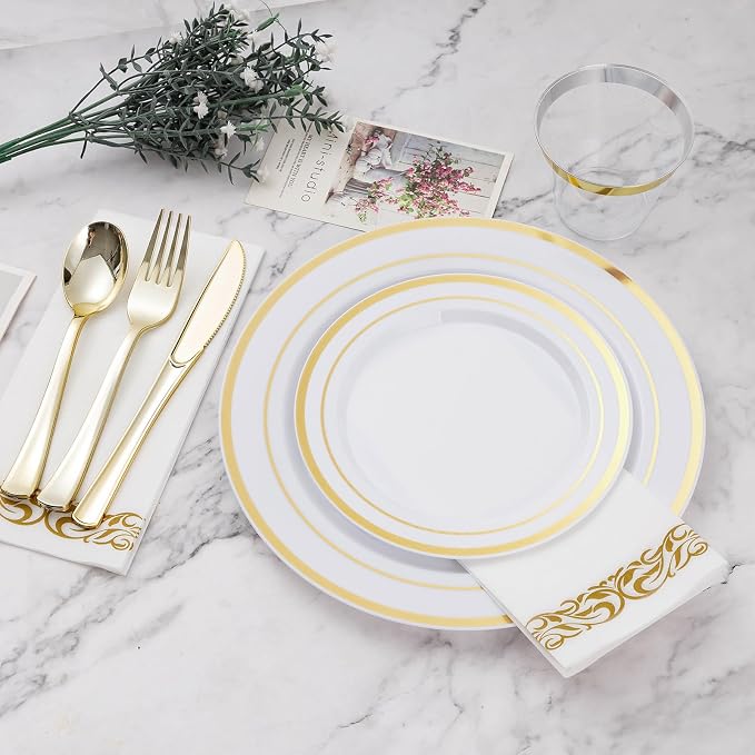 BESTVIP 175 PCS Disposable White and Gold Plastic Plates - Image 2