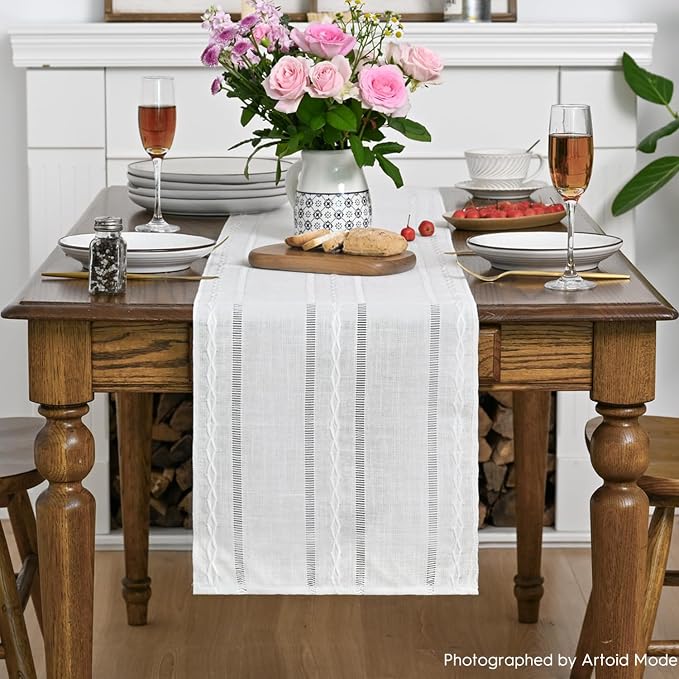 Artoid Mode Rustic Cotton Linen Table Runner, Seasonal Embroidered Hollow - Image 2