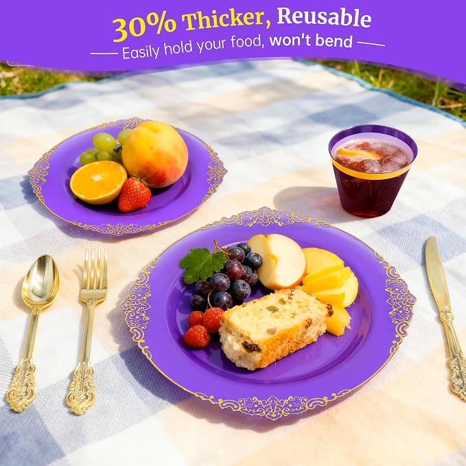 AIRE Purple Gold Plastic Plates Set, sturdy leakproof cutlery, fancy party - Image 5