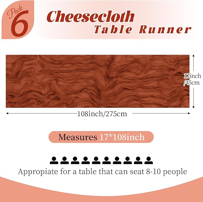 6 Pack Terracotta Cheesecloth Table Runner, 17 x 108 Inch, Gauze Cheese Cloth - Image 5