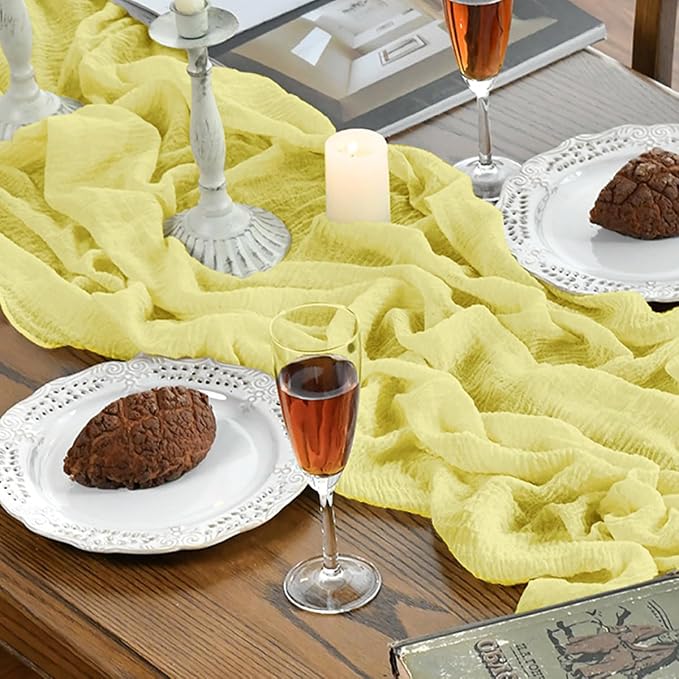 Artoid Mode Boho Light Yellow Gauze Wedding Table Runner, 120 Inch Seasonal - Image 3