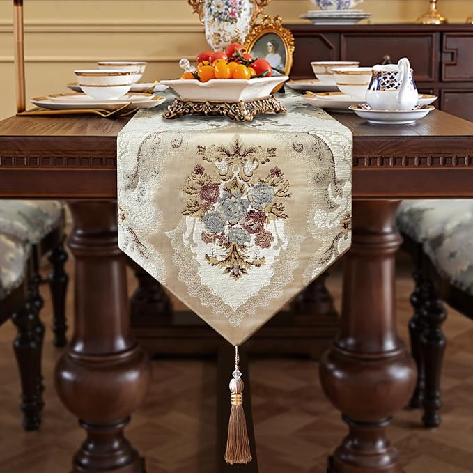 Luxury Damask Table Runner 72 Inches Long Beige Chenille Jacquard European | - Image 6