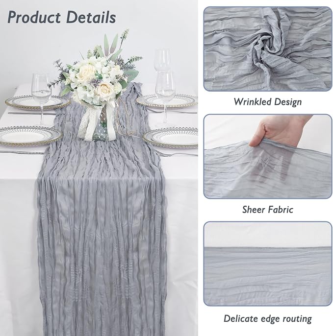 1 Pack Grey Cheesecloth Table Runner 120 Inch Boho Wedding Decor | Cheesecloth - Image 3