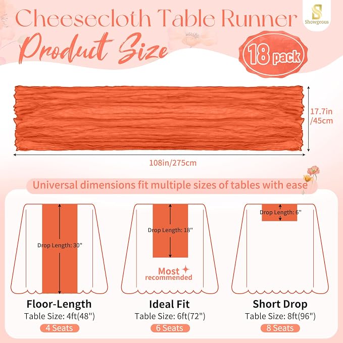 Showgeous 18 Pack Orange Cheesecloth Table Runner, 17 x 108 Inches | Boho - Image 2