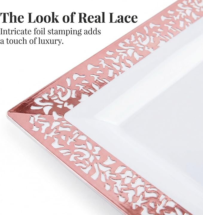 Yumchikel-Plastic Serving Tray & Platter Set White & Rose Gold Lace Disposable - Image 5