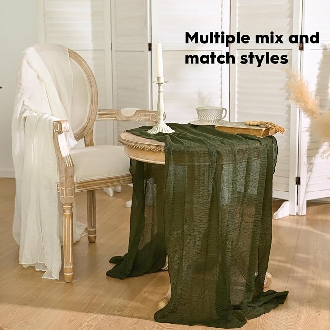 Artoid Mode 3PC Boho Cheesecloth Gauze Olive Green Wedding Table Runner - Image 5