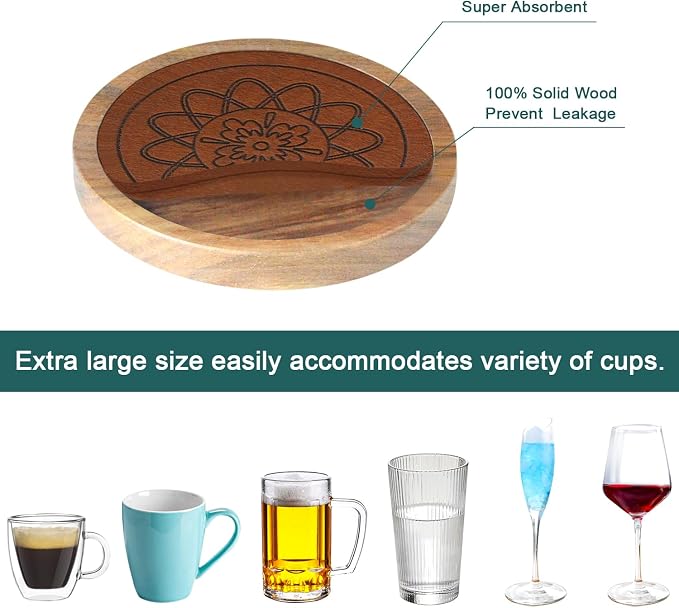 5 Pack Wood Coasters for Drinks, Minacun Absorbent Coaster Set, Drinks Coasters - Image 5