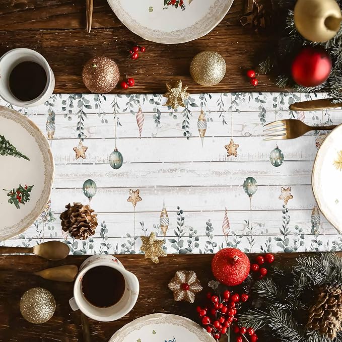 Christmas Snowman Table Runner 60 Inches Long, Xmas Trees Eucalyptus Leaves - Image 4