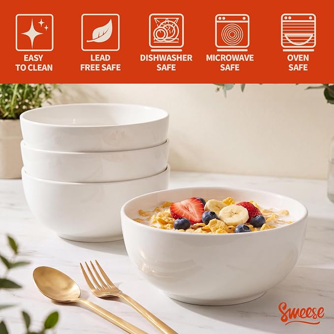 Sweese Ceramic Soup Bowl Set of 4, 29 oz Round Cereal Bowl Stackable Serving - Image 3