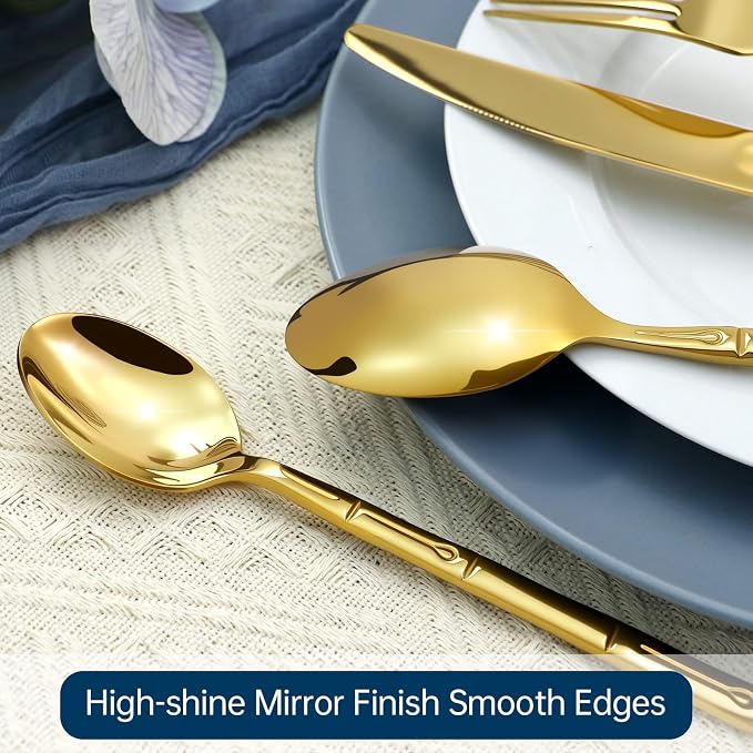 Gold Silverware Set 60-Piece Bamboo Pattern Service - Image 6