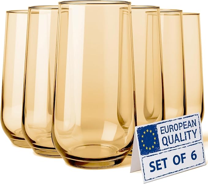 Amber Drinking Glasses Set of 6 | Translucent Yellow Glassware | 16 oz Amber by Biandeco