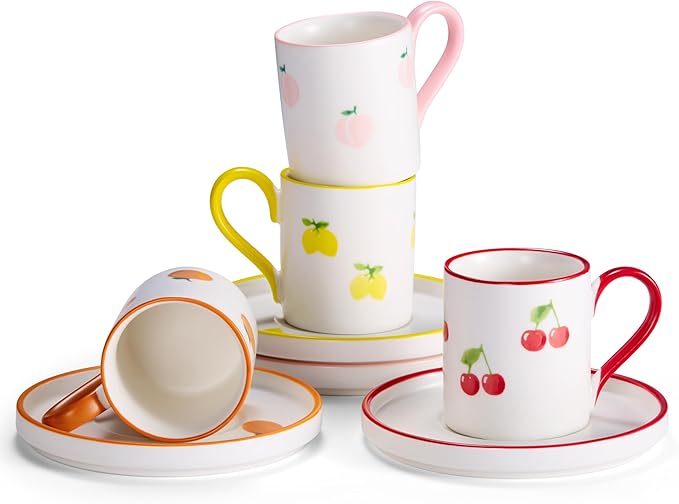 KooK Espresso Cups and Saucers, Hand Painted, Porcelain Demitasse Set by Kook