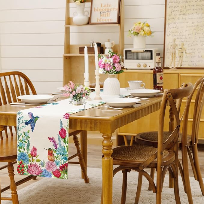 Summer Hummingbirds Floral Table Runner Green Leave Burlap Table Runners - Image 3