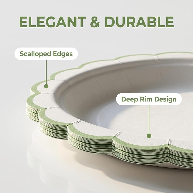 30 Pack Sage Green and White Paper Plates 7 Inch, Disposable Scalloped Plates - Image 4