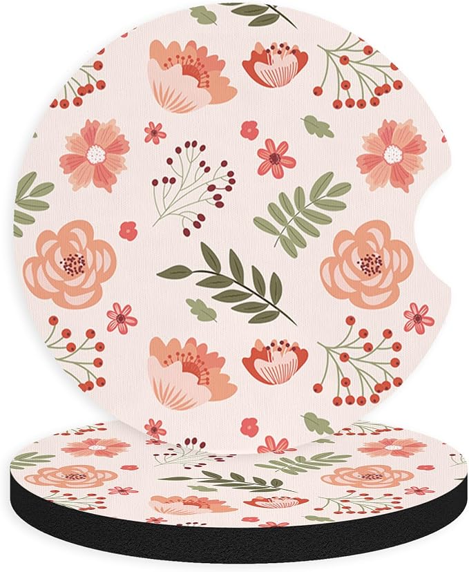 2pcs Cute Pink Flowers Car Coasters, Absorbent Universal neoprener Cup Holder by Unknown