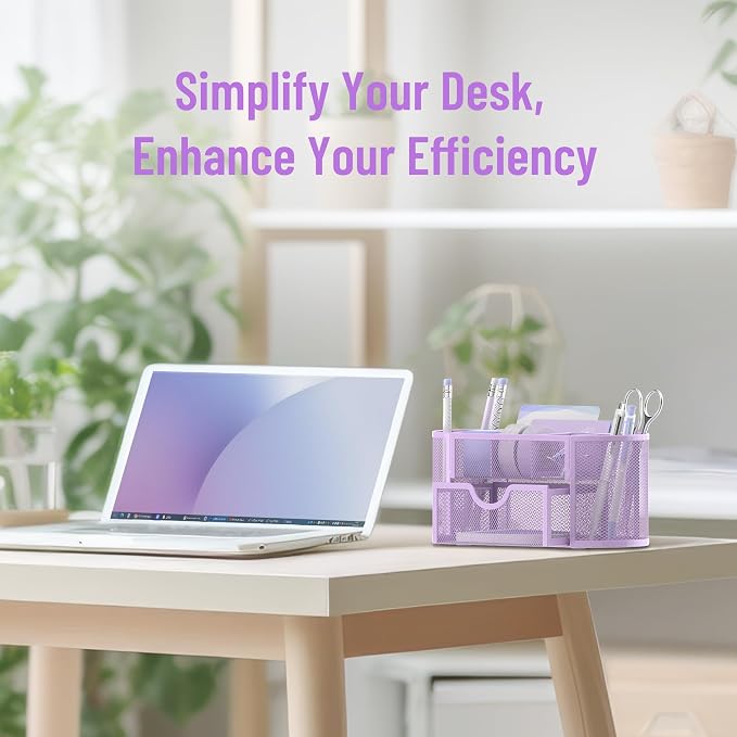 Mesh Desk Organizer with Drawer, 9-Compartment Pen Holder - Image 2