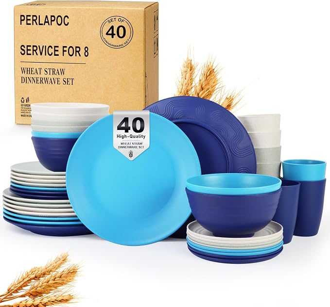 Dinnerware Set 40 PCS Wheat Straw Dishes Set by Perlapoc
