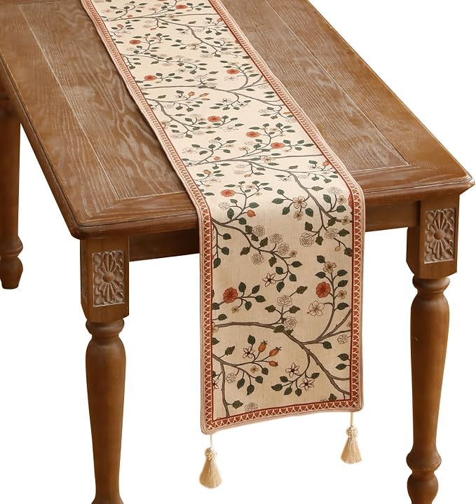 Designer French Linen Table Runner, Floral Pattern, Dining Table, Kitchen Decor by Isaennehomedecoration