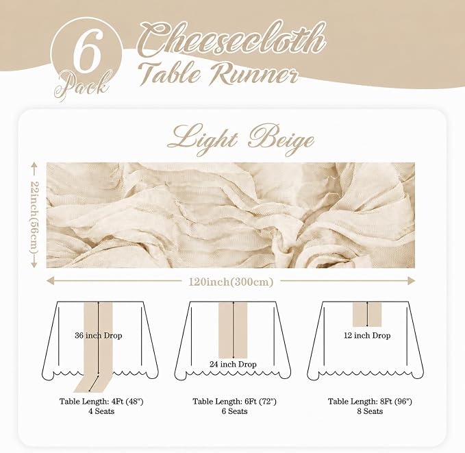 10 Pack Beige Cheesecloth Table Runner 22x120 Inch Boho Gauze Table Runner Long - Image 2