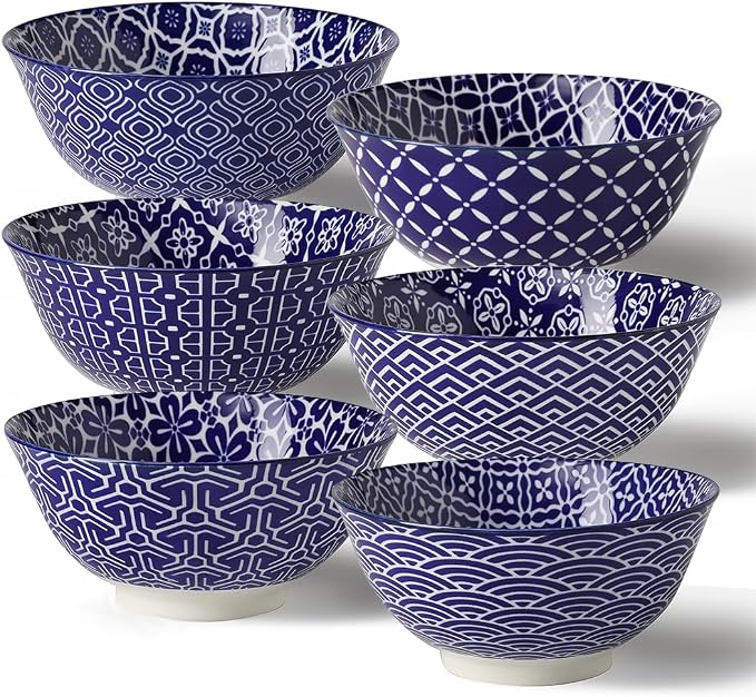 Metahom Ceramic Cereal Bowls, 23 Oz Blue and White Bowls, Porcelain Soup Bowl by Metahom
