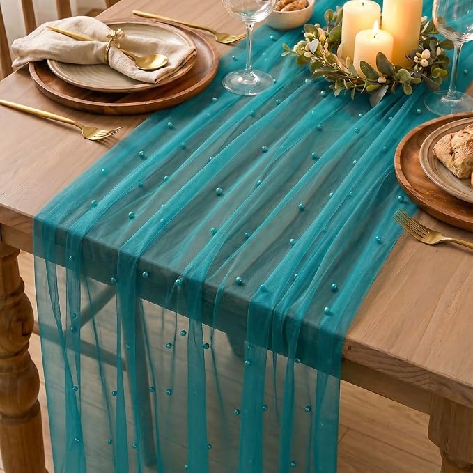 Artoid Mode Pearl Teal Gauze Table Runner 120 Inch 10FT, Seasonal Sheer Dining - Image 4