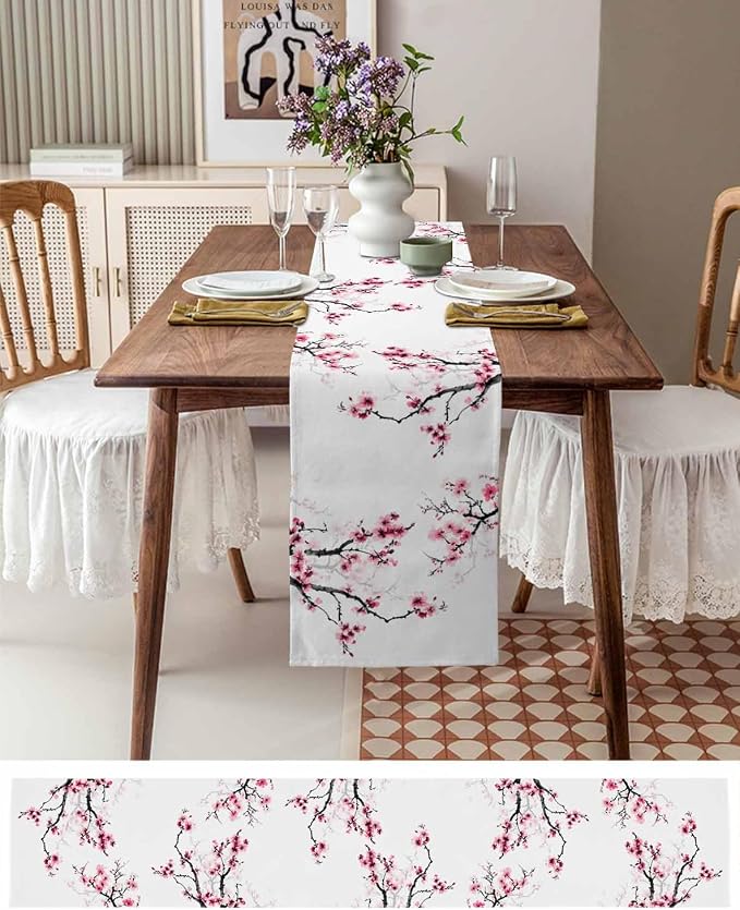 Pink Cherry Flowers Table Runners 70 Inches Long, Cotton Linen Fabric Table - Image 6
