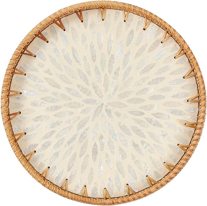 Kmelep Round Rattan Tray with Mother of Pearl Inlay, Rattan Serving Tray with by Kmelep
