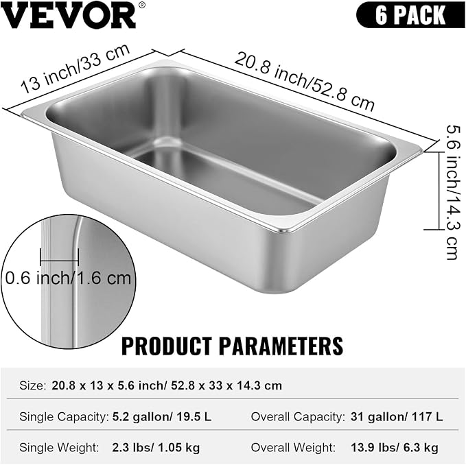 VEVOR 6 Pack Hotel Pans, Full Size 6-Inch, Stainless Steel Steam Table - Image 7