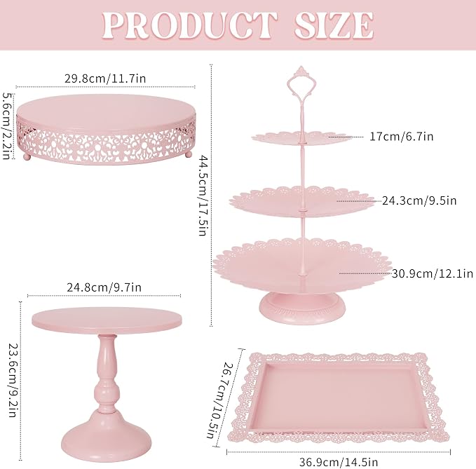 Fivenl 8 Pcs Cake Stand Pink Metal Dessert Table Display Set, 3-Tier Cupcake - Image 2