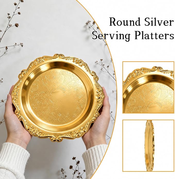 Round Gold Tray, Serving Platters, Vintage Metal Dessert Snack Platter - Image 3