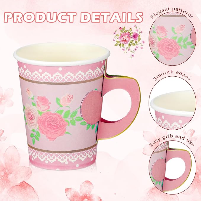 FillTouch 100 Sets Floral Paper Tea Cups and Saucers Disposable Paper Tea Party - Image 4
