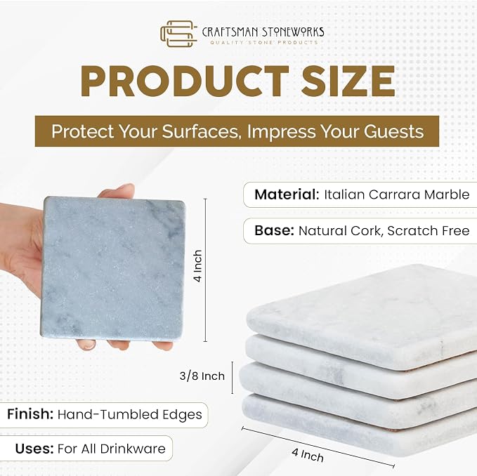 Craftsman Stoneworks White Marble Coasters – Square 4x4, 4 x 4 inches, - Image 6