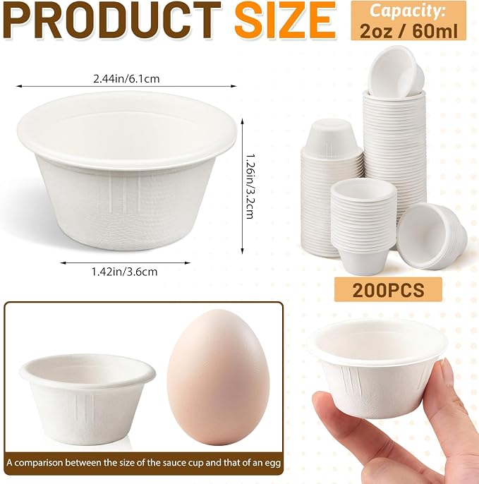 LeonBach 200 Pack 2 oz Natural Bagasse Fiber Paper Bowls, - Image 2