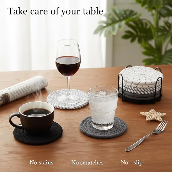 Drink Coasters Set of 8 with Holder, Cotton Woven | Absorbent cotton woven - Image 3