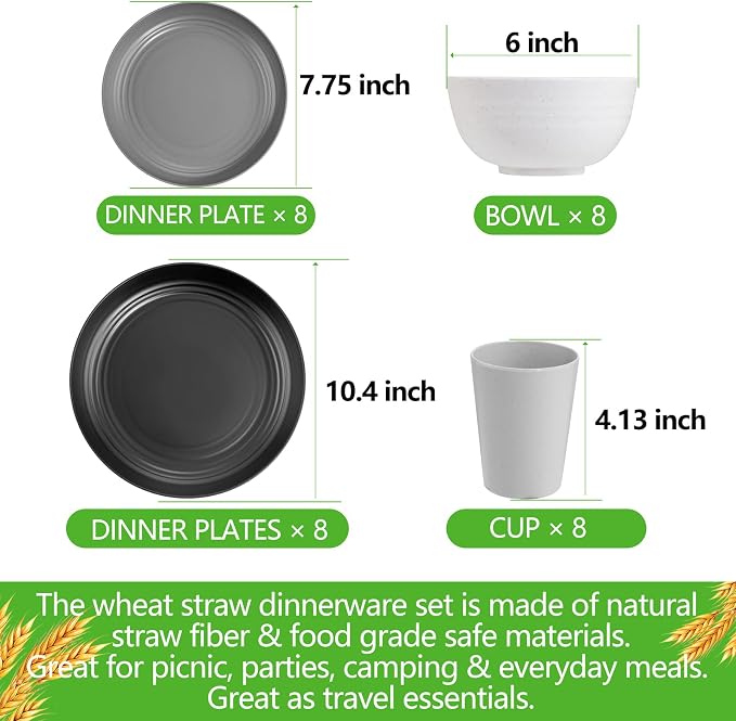 32pcs Multicolor Reusable Wheat Straw Dinnerware Sets - Image 2